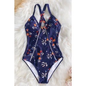 NWT Navy Blue Floral One Piece Swimsuit Size Large